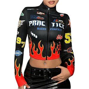 Shirt women Black Graphic Print Long Sleeve Fitted Zip Up Crop Shirt